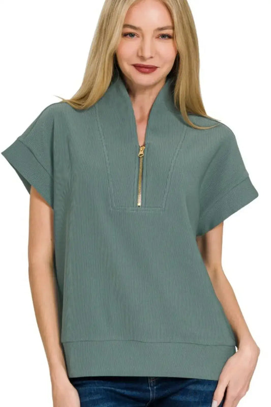Zenana Ribbed High Neck Half Zip Top - ASH JADE / S/M