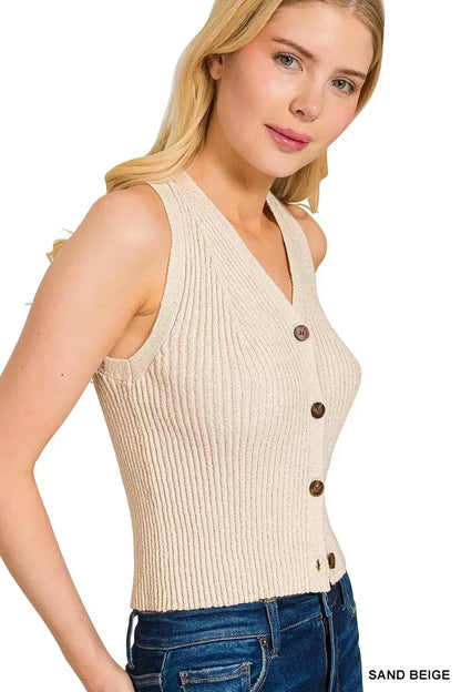 Zenana Ribbed Knit Button-Down Sweater Vest