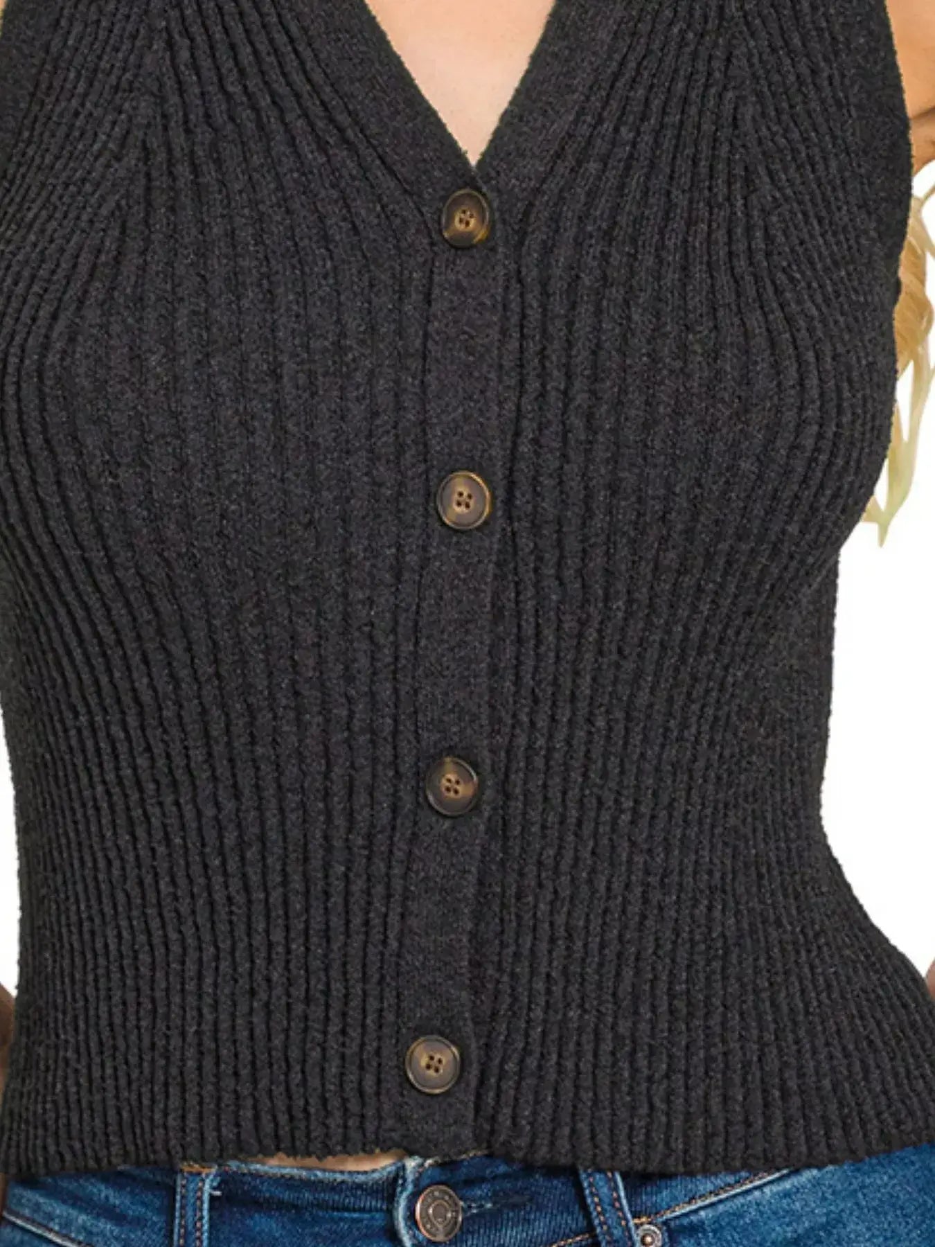 Zenana Ribbed Knit Button-Down Sweater Vest
