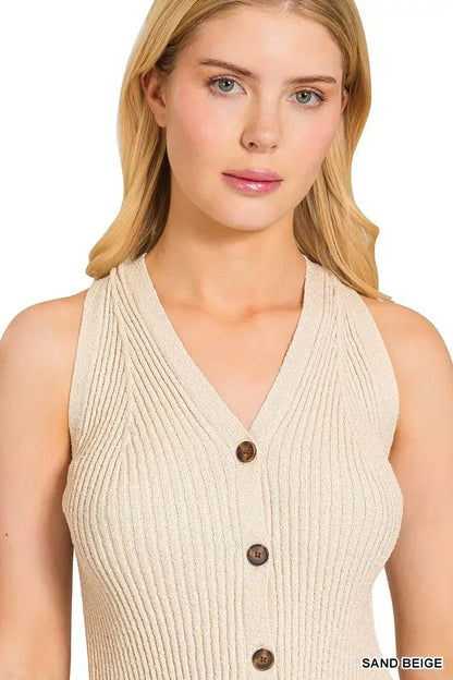 Zenana Ribbed Knit Button-Down Sweater Vest
