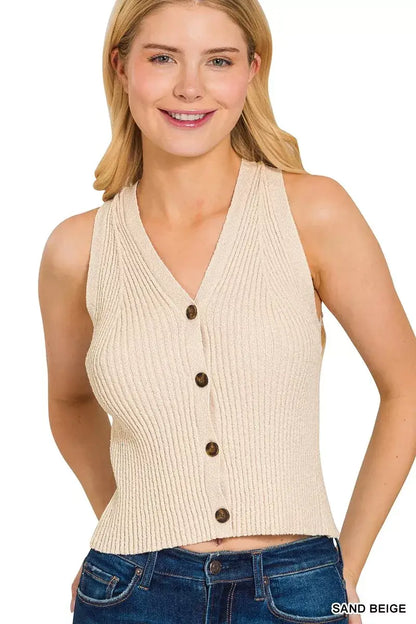 Zenana Ribbed Knit Button-Down Sweater Vest