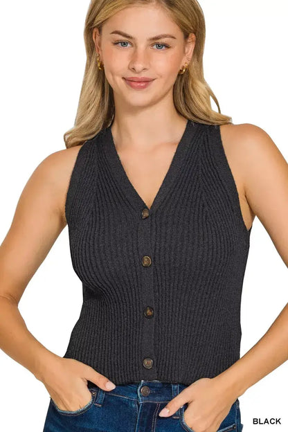 Zenana Ribbed Knit Button-Down Sweater Vest - BLACK / S