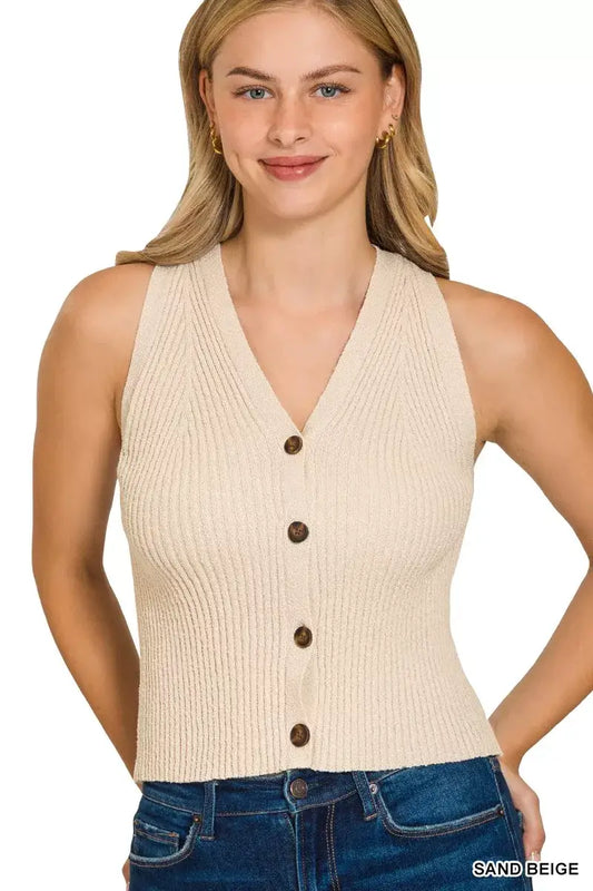 Zenana Ribbed Knit Button-Down Sweater Vest - SAND BEIGE / S