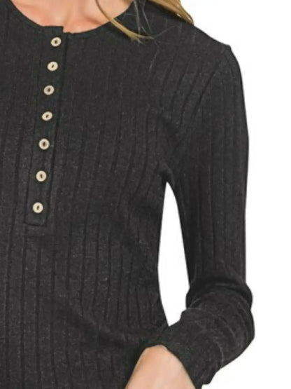 Zenana Ribbed Long Sleeve Half Button Top - Half Button Top