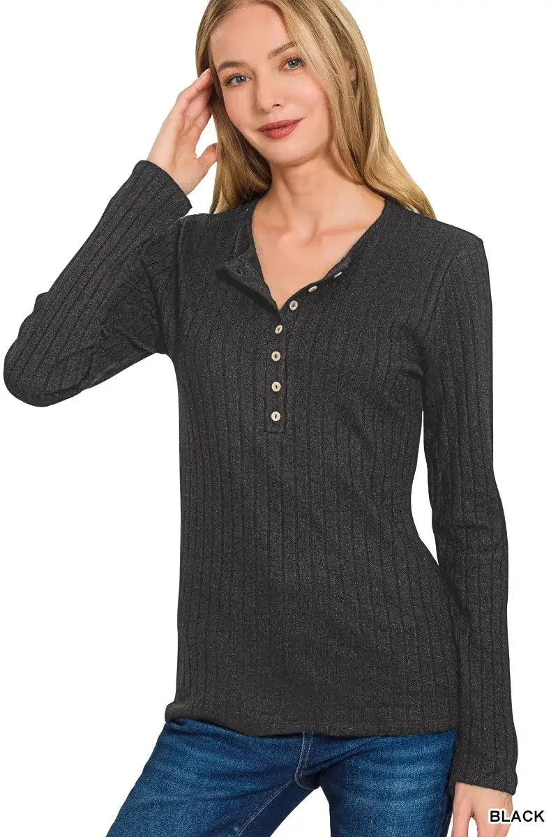 Zenana Ribbed Long Sleeve Half Button Top - Half Button Top