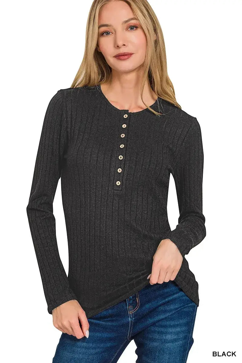 Zenana Ribbed Long Sleeve Half Button Top - BLACK / S - Half Button Top