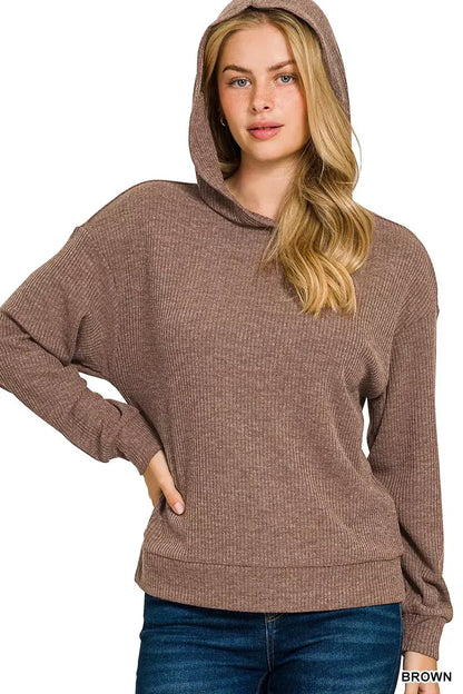Zenana Ribbed Long Sleeve Hoodie - BROWN / S