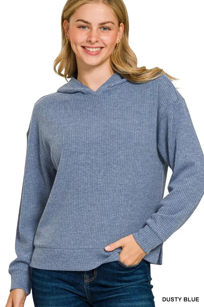 Zenana Ribbed Long Sleeve Hoodie - DUSTY BLUE / S - Long Sleeve Hoodie