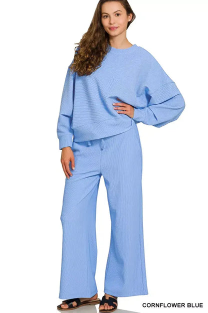 Zenana Ribbed Round Neck Pullover and Drawstring Pants Set - CORNFLOWER BLUE / S