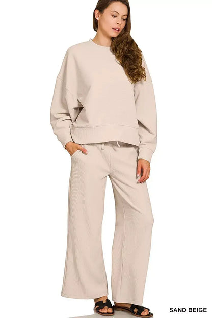 Zenana Ribbed Round Neck Pullover and Drawstring Pants Set - SAND BEIGE / S
