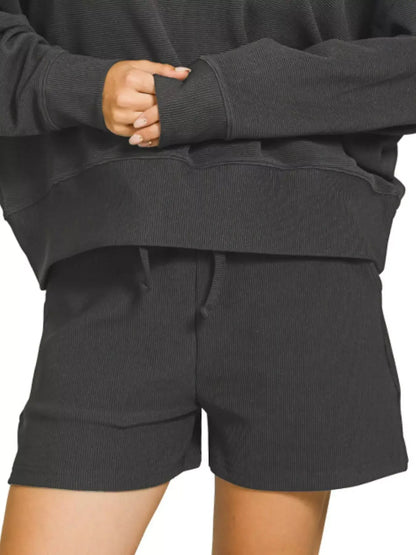 Zenana Ribbed Round Neck Pullover and Shorts Set - Neck Pullover and Shorts Set