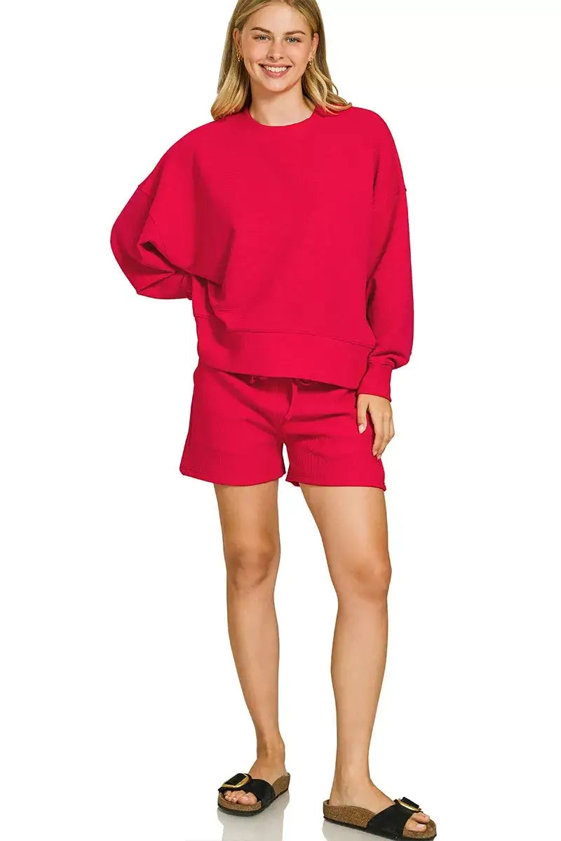 Zenana Ribbed Round Neck Pullover and Shorts Set