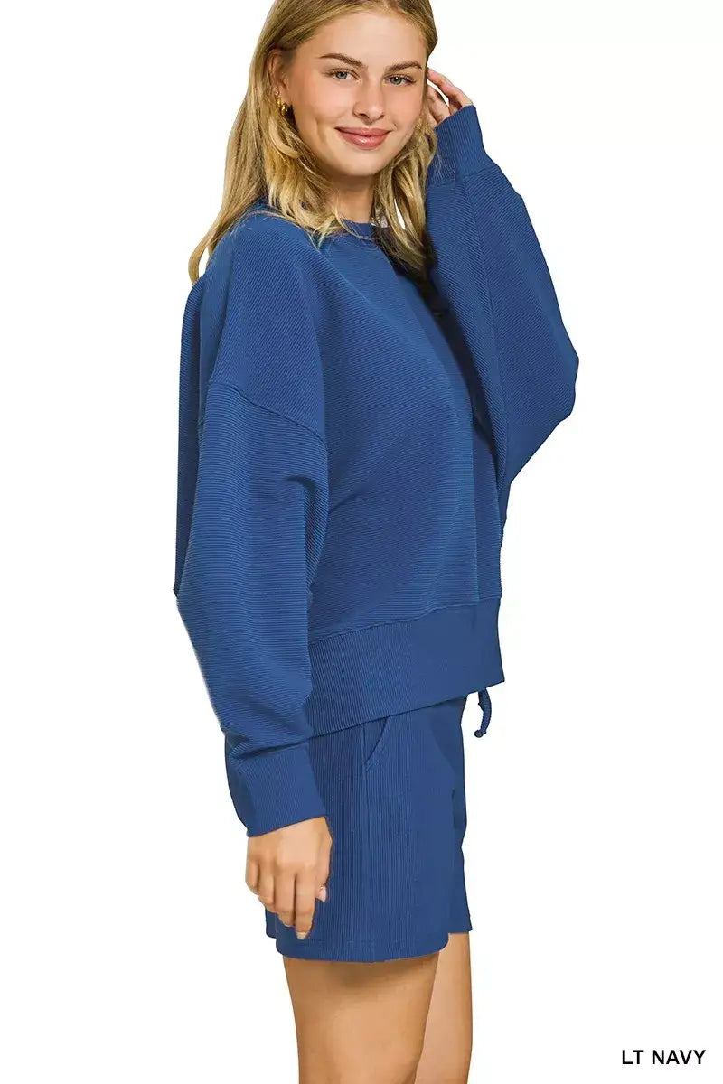Zenana Ribbed Round Neck Pullover and Shorts Set