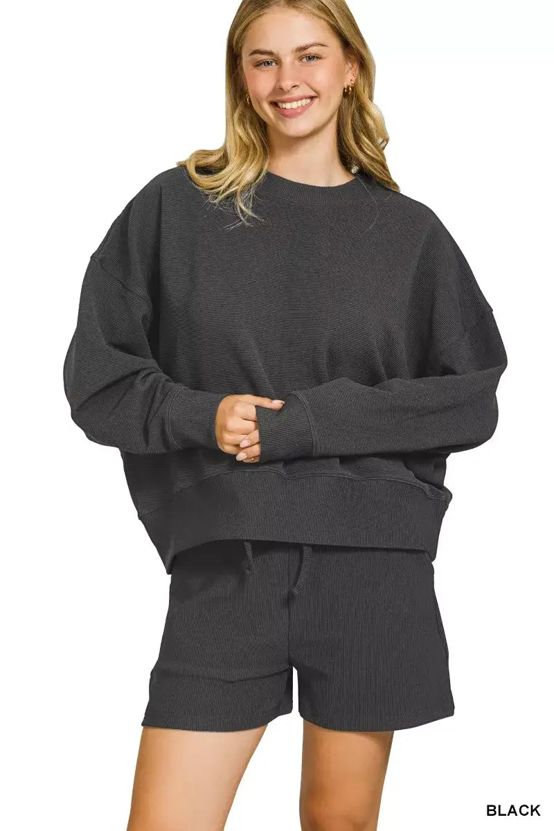 Zenana Ribbed Round Neck Pullover and Shorts Set - BLACK / S - Neck Pullover and Shorts Set