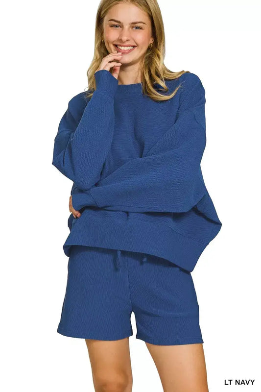 Zenana Ribbed Round Neck Pullover and Shorts Set - LT NAVY / S