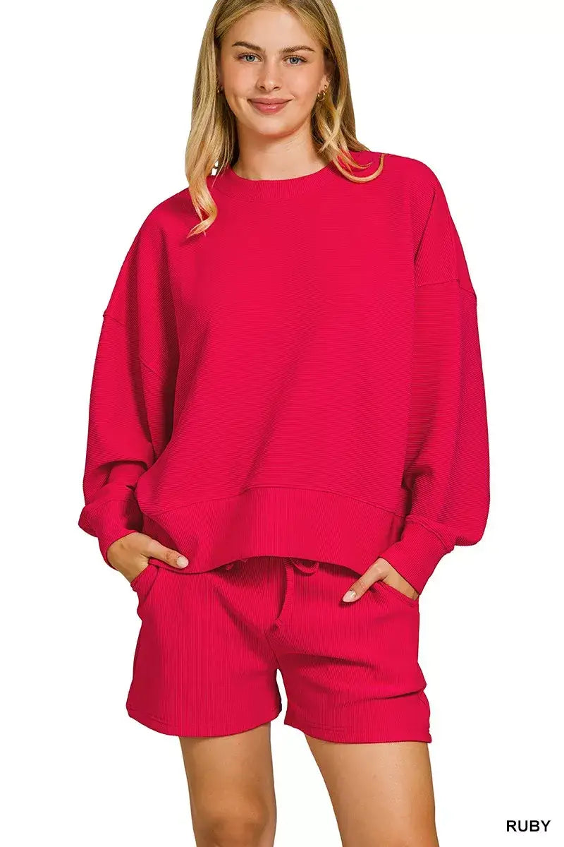 Zenana Ribbed Round Neck Pullover and Shorts Set - RUBY / S