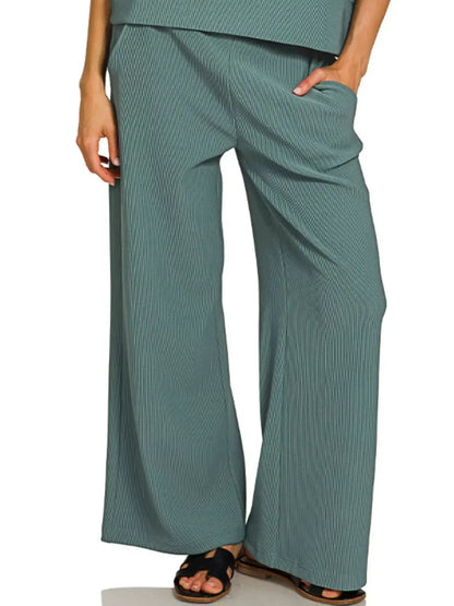 Zenana Ribbed Round Neck Tee & Pants Set