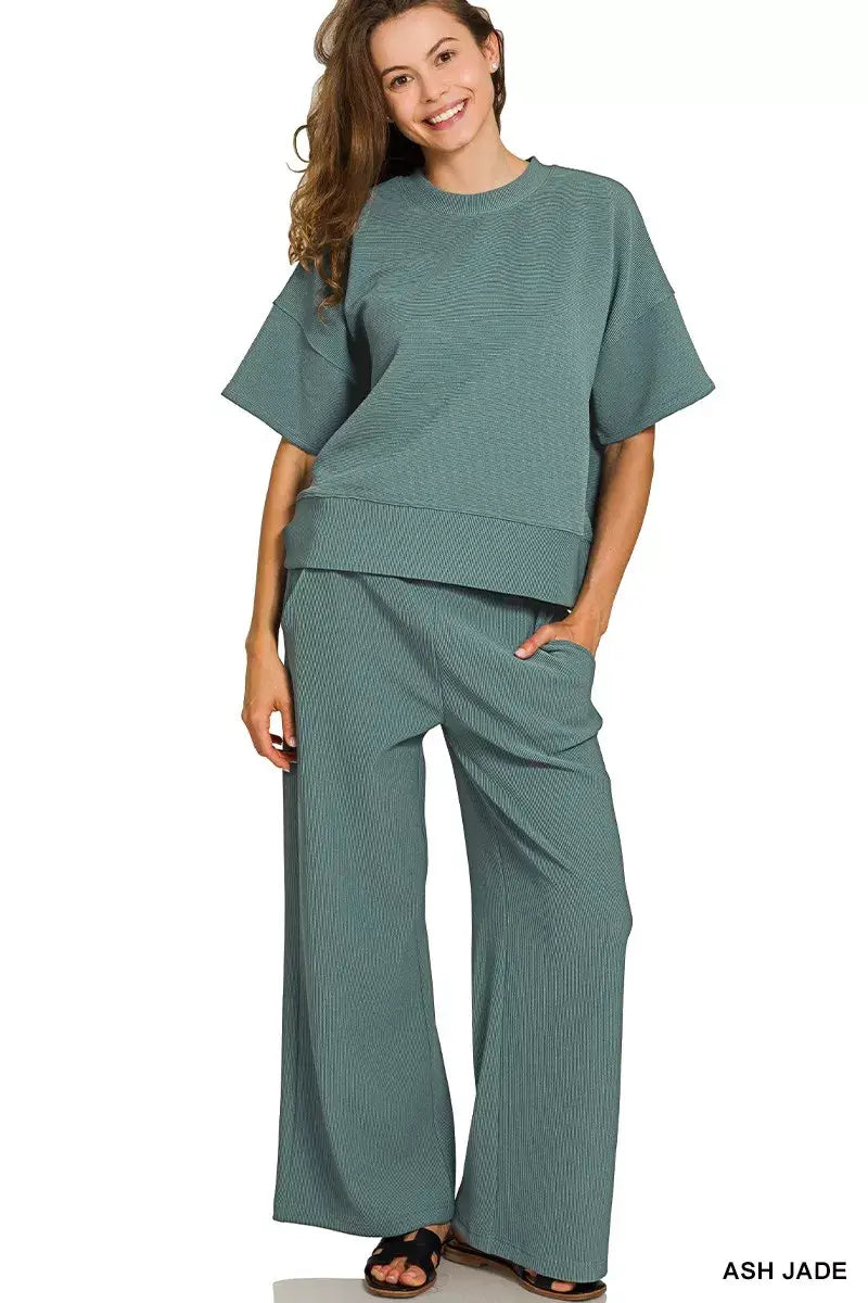 Zenana Ribbed Round Neck Tee & Pants Set - ASH JADE / S