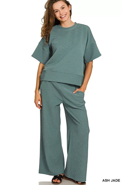 Zenana Ribbed Round Neck Tee & Pants Set - ASH JADE / S