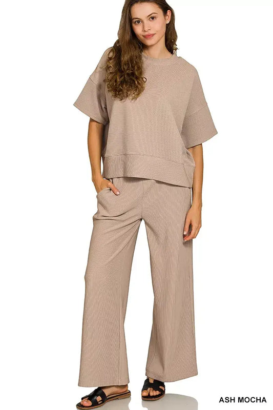 Zenana Ribbed Round Neck Tee & Pants Set - ASH MOCHA / S
