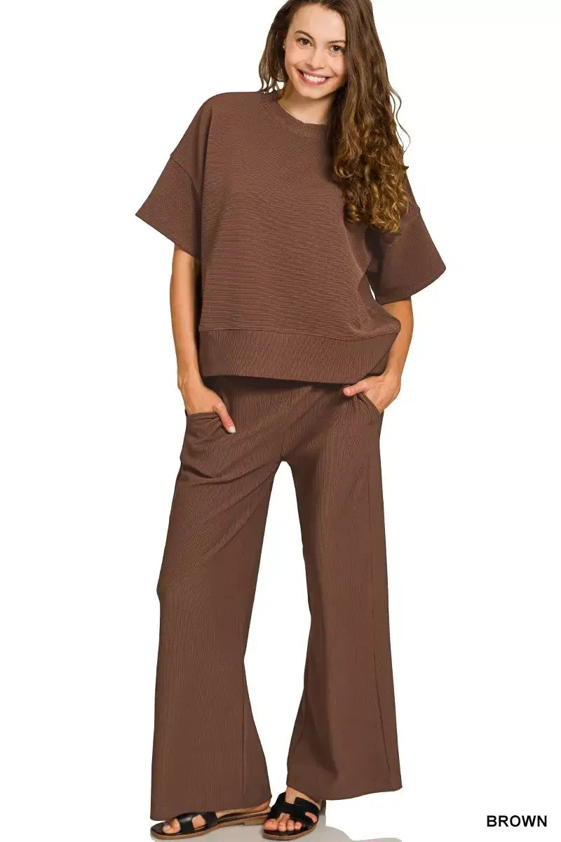 Zenana Ribbed Round Neck Tee & Pants Set - BROWN / S