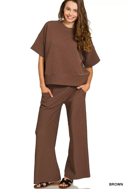 Zenana Ribbed Round Neck Tee & Pants Set - BROWN / S