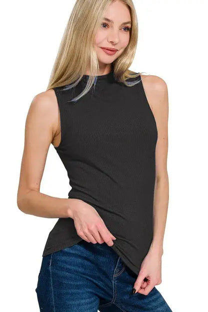 Black Zenana ribbed sleeveless mock neck top with silver metallic trim