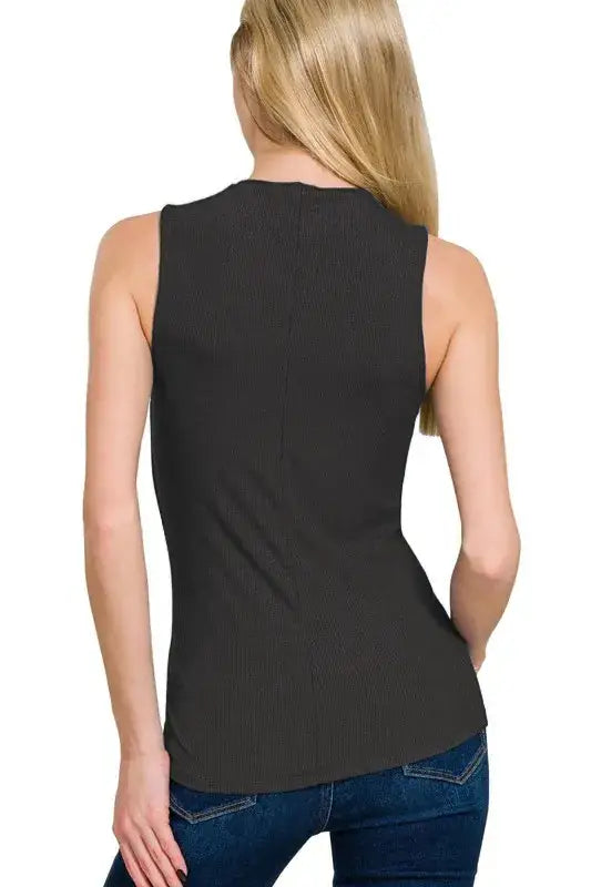 Black Zenana ribbed sleeveless mock neck top with relaxed fit and rounded neckline