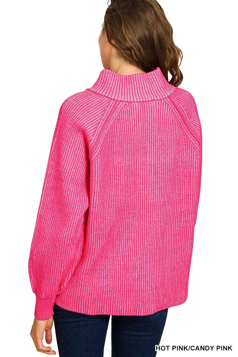 Zenana Ribbed Two Tone Half Zip Sweater