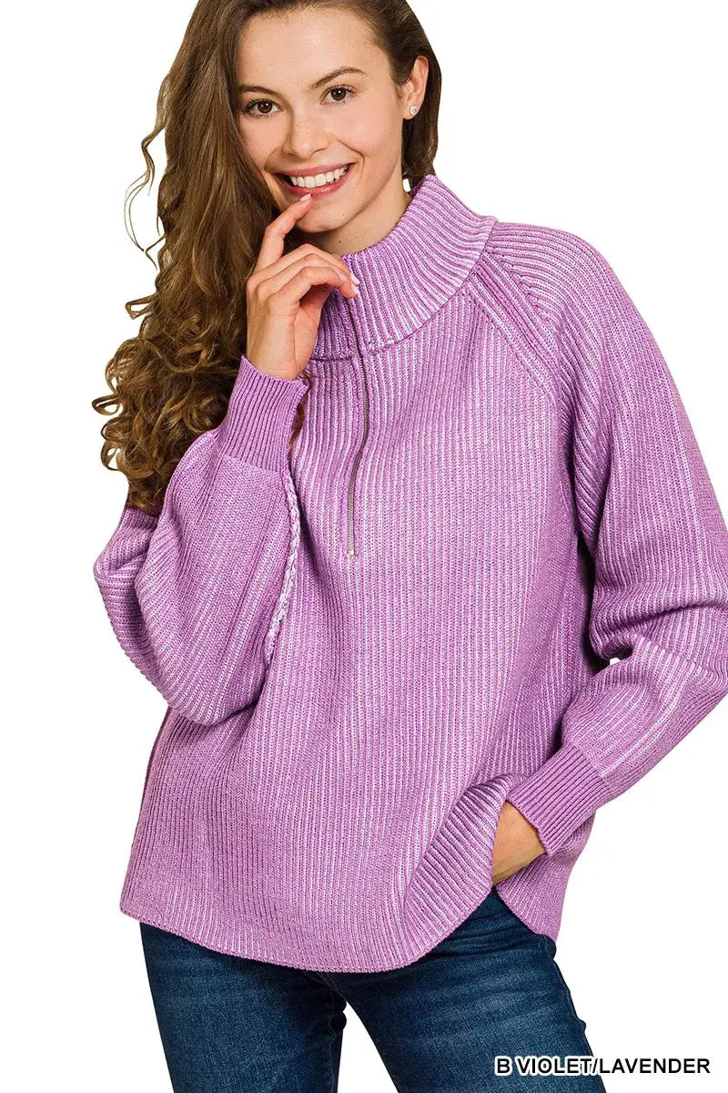 Zenana Ribbed Two Tone Half Zip Sweater - Two Tone Half Zip Sweater