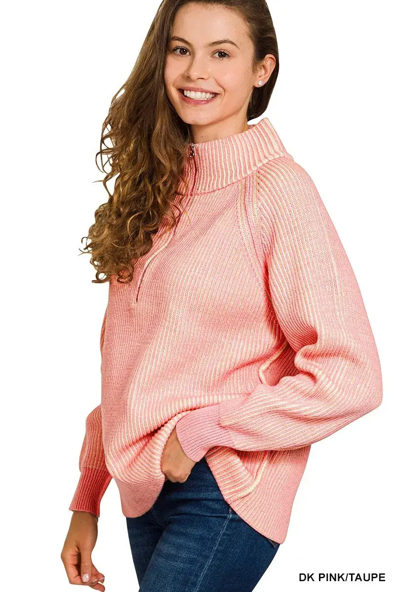 Zenana Ribbed Two Tone Half Zip Sweater - Two Tone Half Zip Sweater