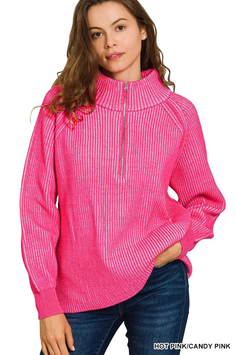 Zenana Ribbed Two Tone Half Zip Sweater
