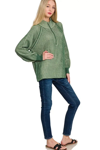 Zenana Ribbed Two Tone Half Zip Sweater - Half Zip Sweater
