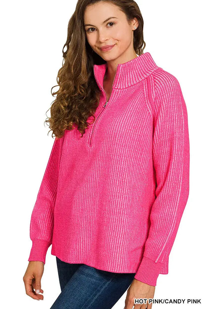 Zenana Ribbed Two Tone Half Zip Sweater