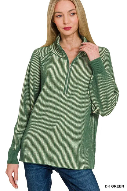 Zenana Ribbed Two Tone Half Zip Sweater - Half Zip Sweater