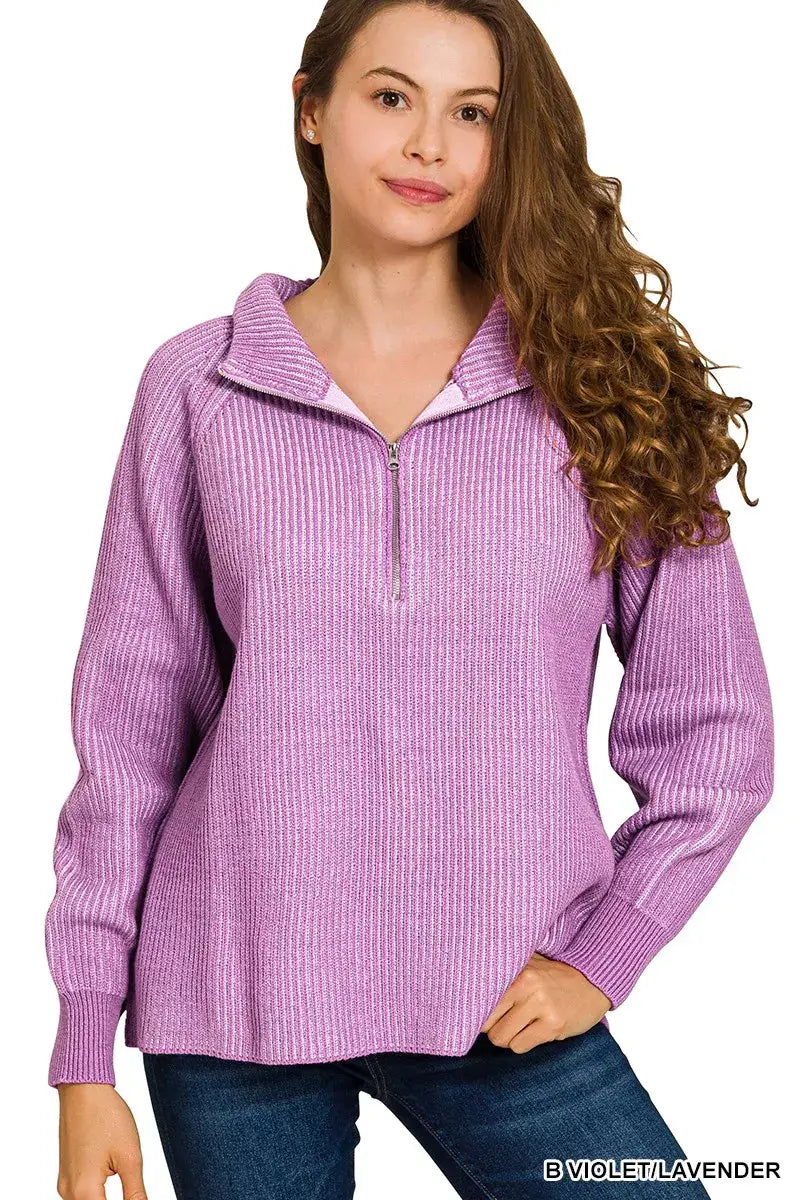 Zenana Ribbed Two Tone Half Zip Sweater - B VIOLET/LAVENDER / S/M - Two Tone Half Zip Sweater