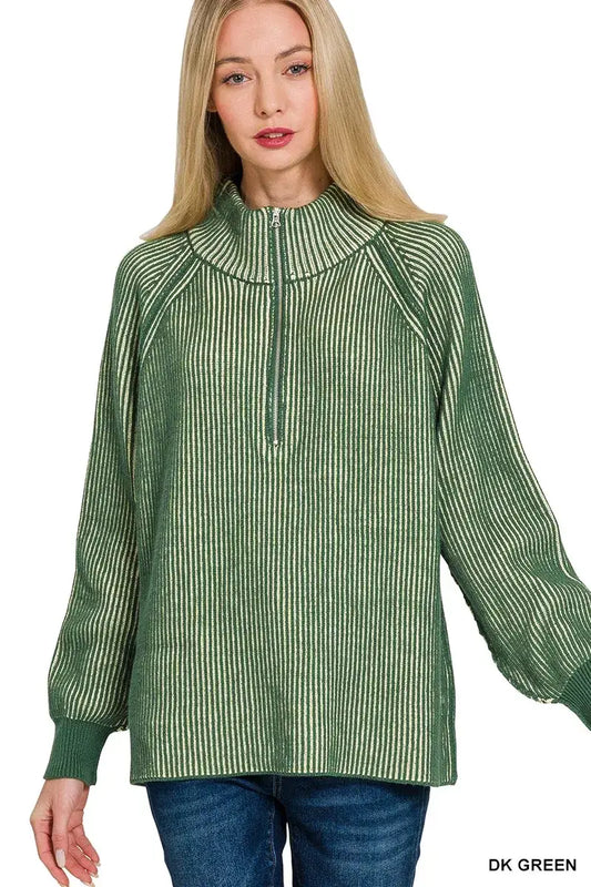 Zenana Ribbed Two Tone Half Zip Sweater - DK GREEN / S/M - Half Zip Sweater