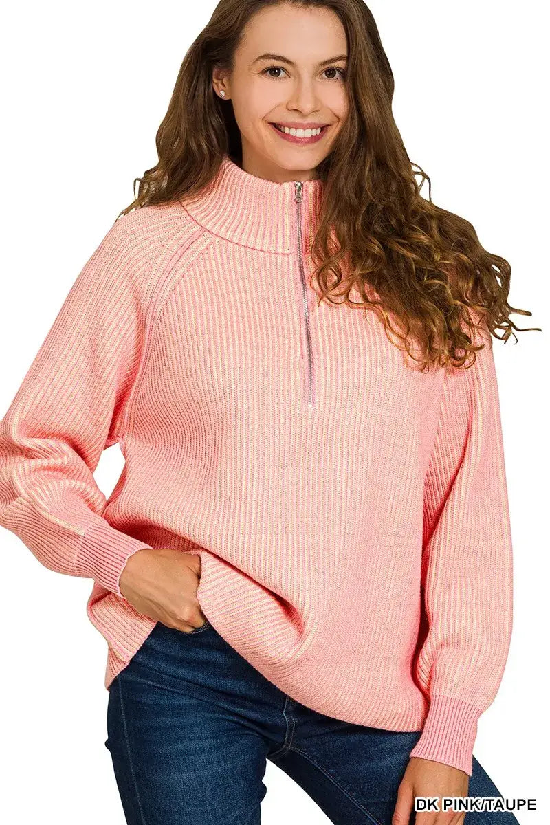 Zenana Ribbed Two Tone Half Zip Sweater - DK PINK/TAUPE / S/M - Two Tone Half Zip Sweater