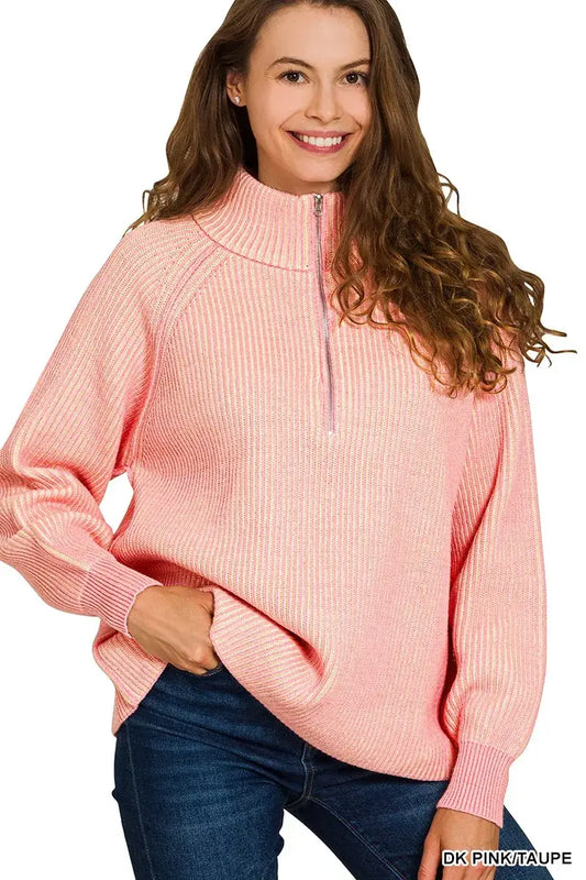 Zenana Ribbed Two Tone Half Zip Sweater - DK PINK/TAUPE / S/M - Two Tone Half Zip Sweater