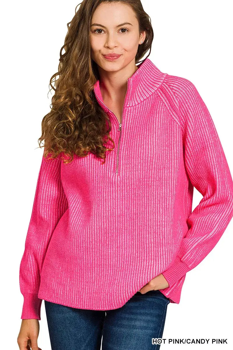 Zenana Ribbed Two Tone Half Zip Sweater - HOT PINK/CANDY PINK / S/M