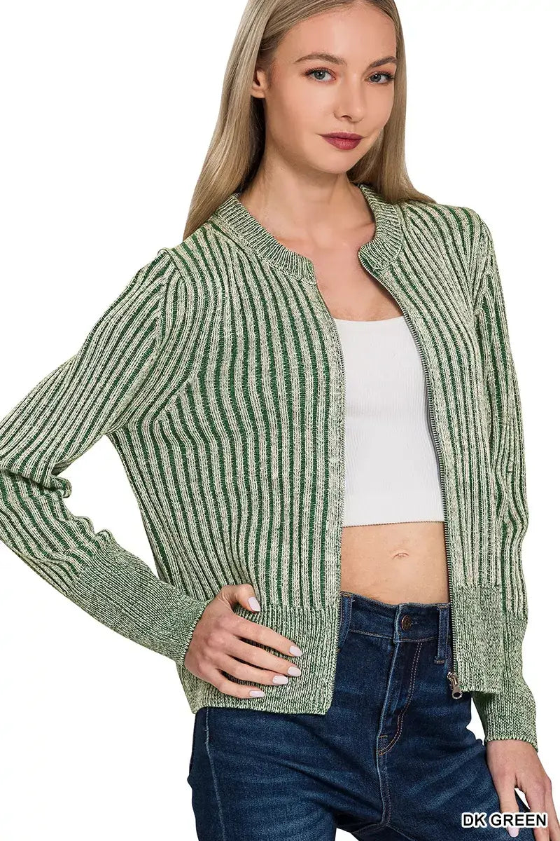 Zenana Ribbed Two Tone Zip Up Sweater Cardigan