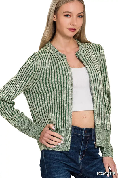 Zenana Ribbed Two Tone Zip Up Sweater Cardigan