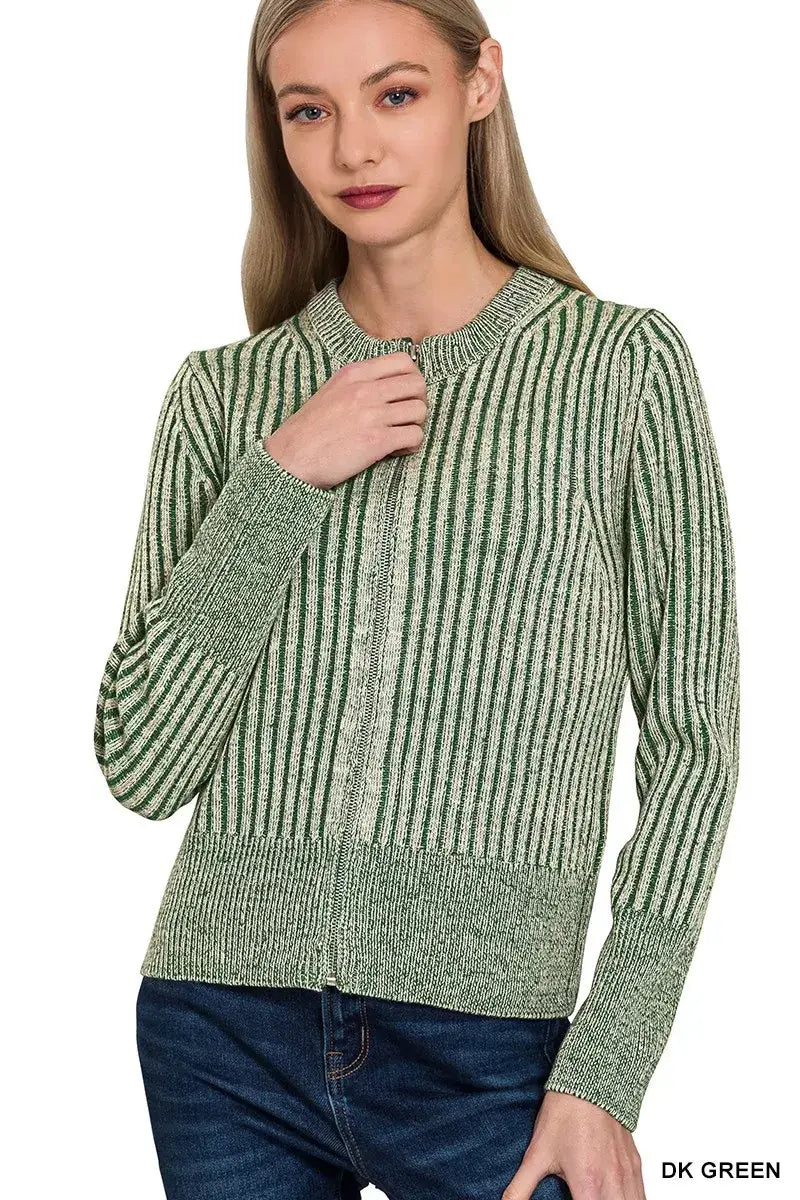 Zenana Ribbed Two Tone Zip Up Sweater Cardigan - DK GREEN / S