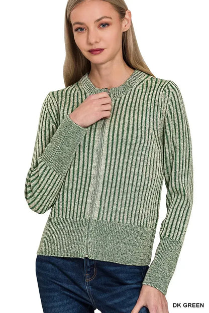 Zenana Ribbed Two Tone Zip Up Sweater Cardigan - DK GREEN / S