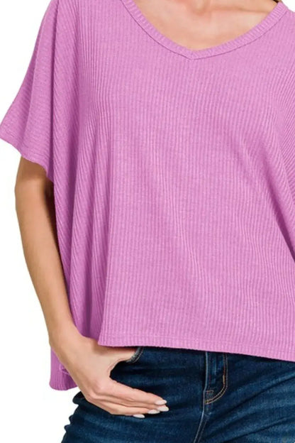 Zenana Ribbed V-Neck Short-Sleeve Knit Top