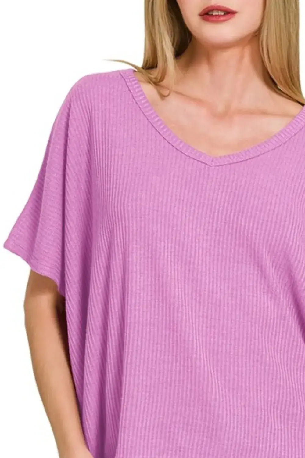 Zenana Ribbed V-Neck Short-Sleeve Knit Top
