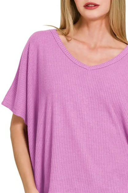 Zenana Ribbed V-Neck Short-Sleeve Knit Top