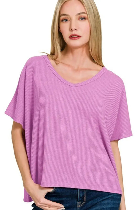 Zenana Ribbed V-Neck Short-Sleeve Knit Top - BRIGHT MAUVE / S/M