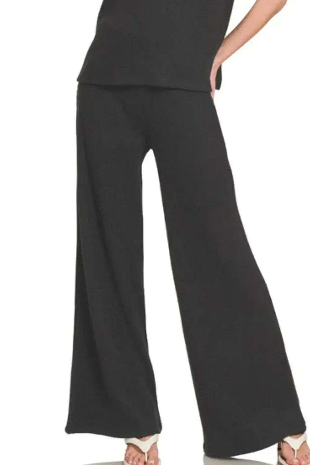 Black wide-leg pants with relaxed fit and high waist from Zenana rolled sleeve sweater set