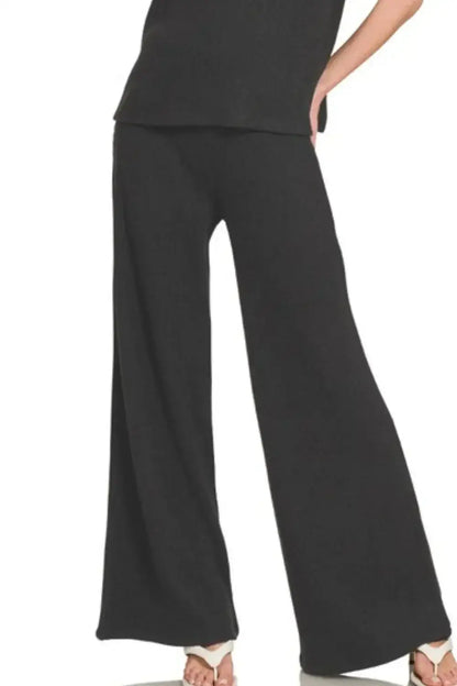 Black wide-leg pants with relaxed fit and high waist from Zenana rolled sleeve sweater set
